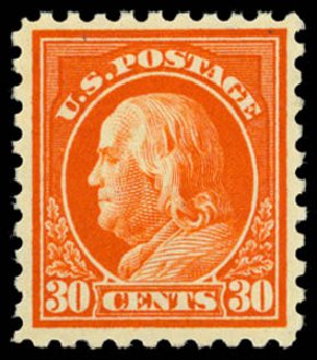 US Stamp Value Scott Catalog #439 - 1914 30c Franklin Perf 10. Daniel Kelleher Auctions, Dec 2014, Sale 661, Lot 366