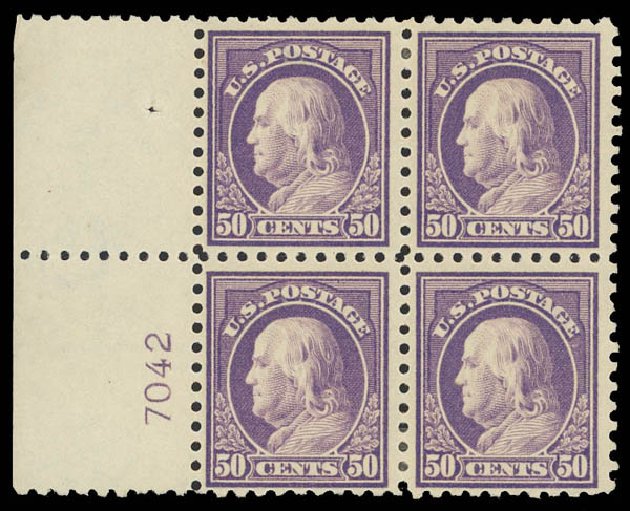 Values of US Stamp Scott Catalog 440 - 50c 1915 Franklin Perf 10. Daniel Kelleher Auctions, Apr 2012, Sale 629, Lot 345
