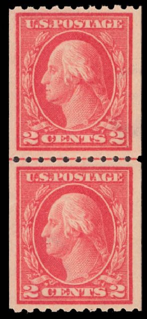 US Stamp Values Scott # 442: 1914 2c Washington Coil Perf 10 Horizontally. Daniel Kelleher Auctions, Jan 2012, Sale 628, Lot 505