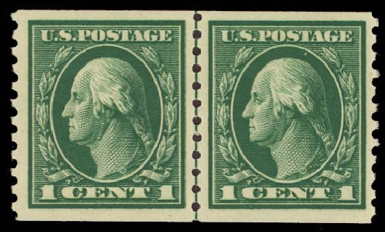 US Stamps Price Scott Catalogue 443: 1914 1c Washington Coil Perf 10 Vertically. Daniel Kelleher Auctions, Oct 2012, Sale 632, Lot 1357