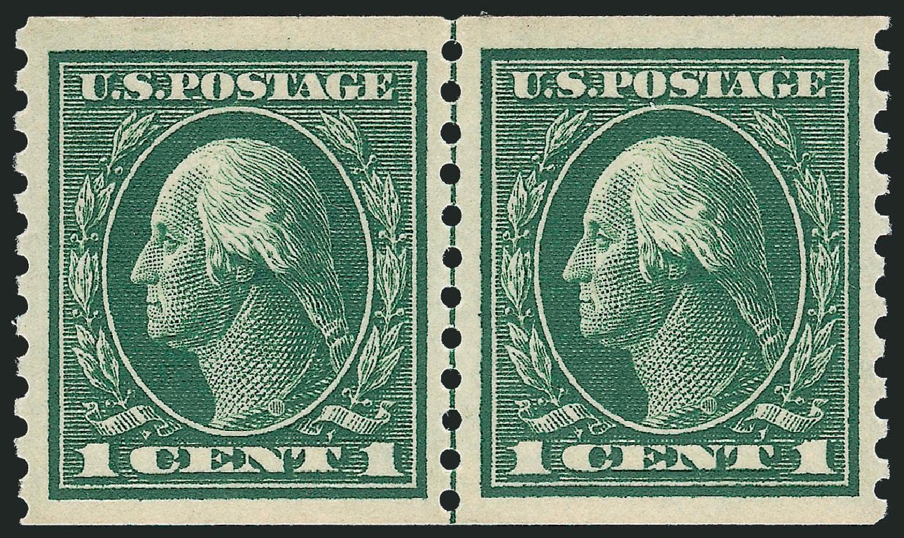 US Stamp Values Scott Catalog 443: 1914 1c Washington Coil Perf 10 Vertically. Robert Siegel Auction Galleries, Dec 2009, Sale 982, Lot 5830