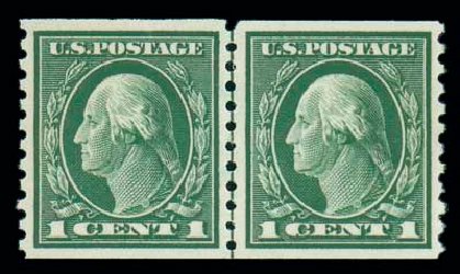 US Stamp Values Scott Catalogue #443 - 1c 1914 Washington Coil Perf 10 Vertically. Matthew Bennett International, Oct 2007, Sale 320, Lot 571