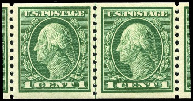 US Stamps Values Scott #443 - 1c 1914 Washington Coil Perf 10 Vertically. Matthew Bennett International, Jun 2008, Sale 328, Lot 964