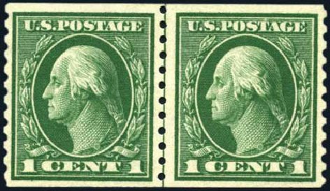 Value of US Stamps Scott #443 - 1c 1914 Washington Coil Perf 10 Vertically. Harmer-Schau Auction Galleries, Oct 2010, Sale 87, Lot 302