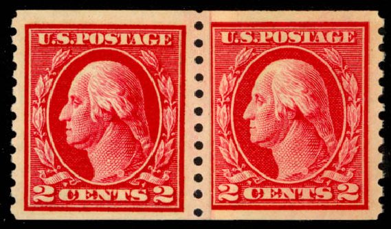 US Stamps Values Scott Cat. 444 - 1914 2c Washington Coil Perf 10 Vertically. Daniel Kelleher Auctions, May 2014, Sale 652, Lot 637