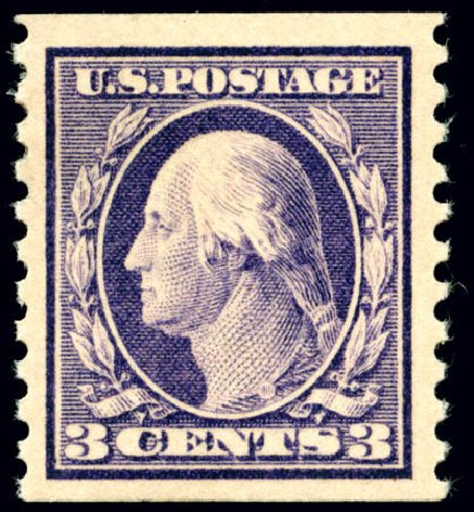 Prices of US Stamps Scott Cat. 445 - 1914 3c Washington Coil Perf 10 Vertically. Matthew Bennett International, Jun 2008, Sale 328, Lot 967