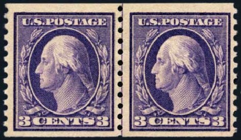 US Stamps Values Scott Catalogue # 445 - 3c 1914 Washington Coil Perf 10 Vertically. Harmer-Schau Auction Galleries, May 2013, Sale 97, Lot 387
