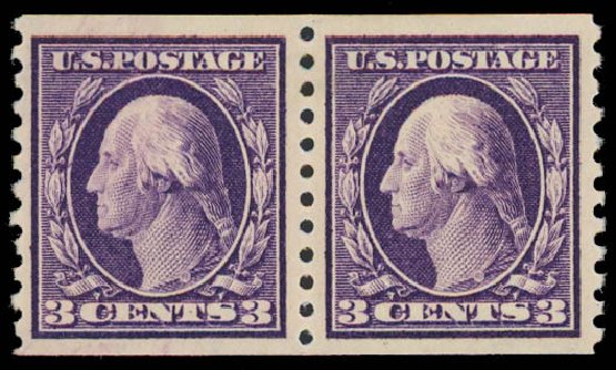 Prices of US Stamp Scott 445 - 1914 3c Washington Coil Perf 10 Vertically. Daniel Kelleher Auctions, Jan 2012, Sale 628, Lot 508