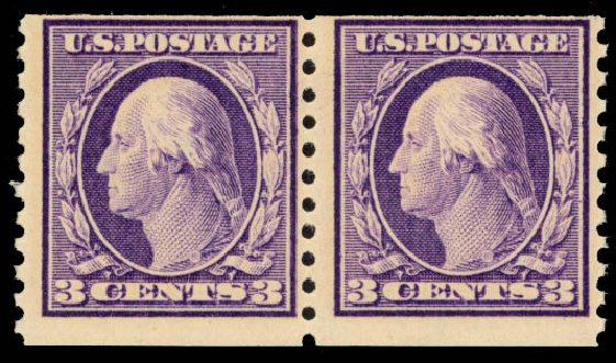 US Stamp Values Scott Cat. 445: 3c 1914 Washington Coil Perf 10 Vertically. Daniel Kelleher Auctions, Sep 2013, Sale 639, Lot 1159