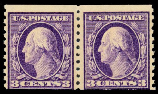 Prices of US Stamp Scott Cat. 445 - 1914 3c Washington Coil Perf 10 Vertically. Daniel Kelleher Auctions, Sep 2013, Sale 639, Lot 439