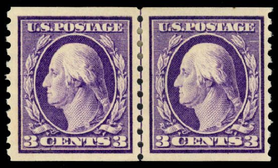 Values of US Stamps Scott 445 - 1914 3c Washington Coil Perf 10 Vertically. Daniel Kelleher Auctions, Mar 2014, Sale 648, Lot 2169