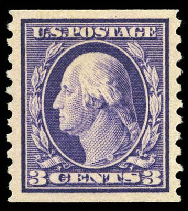 US Stamp Value Scott Catalog 445: 1914 3c Washington Coil Perf 10 Vertically. Matthew Bennett International, Mar 2011, Sale 337, Lot 2920