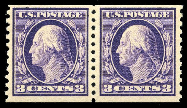 Prices of US Stamp Scott # 445 - 1914 3c Washington Coil Perf 10 Vertically. Matthew Bennett International, May 2014, Sale 350, Lot 590