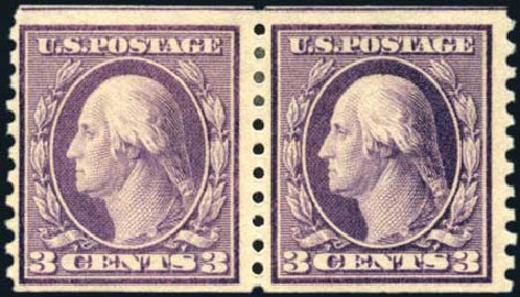 Value of US Stamp Scott Catalog # 445 - 1914 3c Washington Coil Perf 10 Vertically. Harmer-Schau Auction Galleries, Feb 2010, Sale 84, Lot 1590