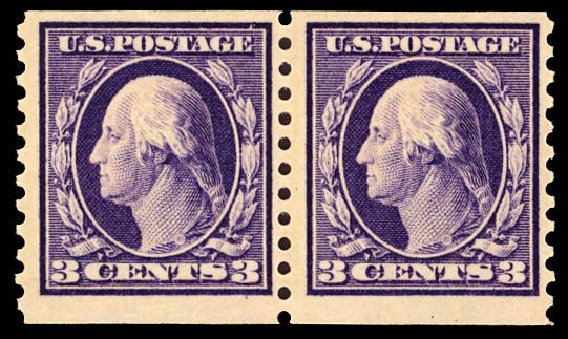 US Stamps Values Scott Catalogue 445: 1914 3c Washington Coil Perf 10 Vertically. Daniel Kelleher Auctions, Dec 2012, Sale 633, Lot 790