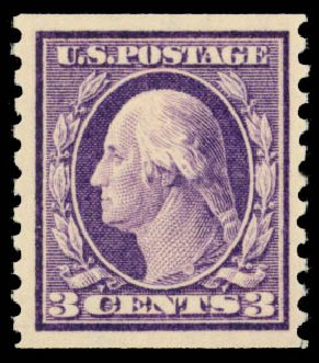 Prices of US Stamp Scott Cat. #445: 1914 3c Washington Coil Perf 10 Vertically. Daniel Kelleher Auctions, Dec 2014, Sale 661, Lot 370