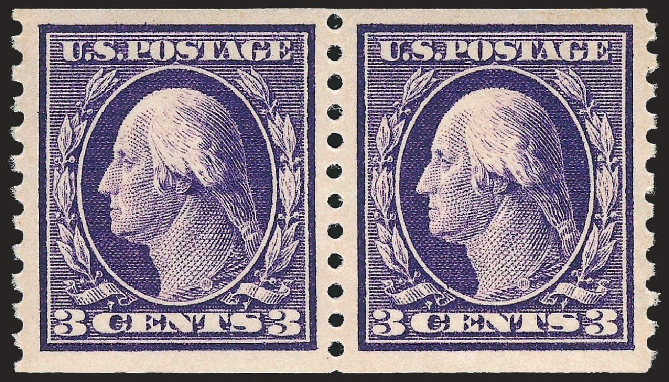 US Stamp Values Scott Catalogue 445 - 3c 1914 Washington Coil Perf 10 Vertically. Robert Siegel Auction Galleries, Sep 2009, Sale 968B, Lot 570