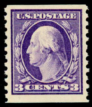 Values of US Stamp Scott Catalogue 445 - 1914 3c Washington Coil Perf 10 Vertically. Daniel Kelleher Auctions, Sep 2013, Sale 639, Lot 3561