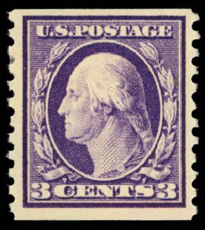 US Stamp Prices Scott 445 - 1914 3c Washington Coil Perf 10 Vertically. Daniel Kelleher Auctions, Dec 2014, Sale 661, Lot 371