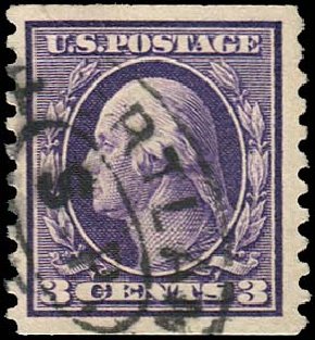 US Stamps Values Scott Catalogue # 445 - 3c 1914 Washington Coil Perf 10 Vertically. Regency-Superior, Jan 2015, Sale 109, Lot 1231