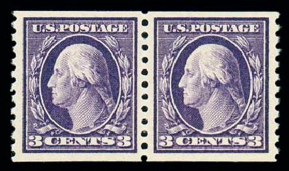 US Stamps Values Scott Cat. # 445: 1914 3c Washington Coil Perf 10 Vertically. Matthew Bennett International, Dec 2007, Sale 325, Lot 2084