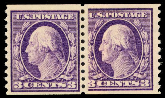 Value of US Stamp Scott Catalog #445 - 1914 3c Washington Coil Perf 10 Vertically. Daniel Kelleher Auctions, Dec 2013, Sale 640, Lot 384