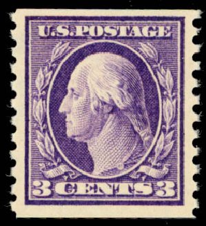 Costs of US Stamp Scott Cat. # 445 - 1914 3c Washington Coil Perf 10 Vertically. Daniel Kelleher Auctions, Sep 2014, Sale 655, Lot 494