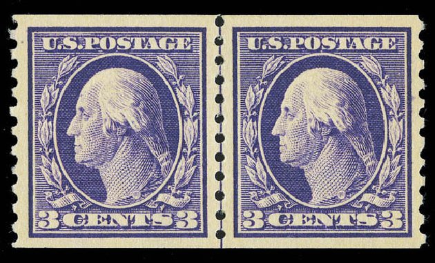 US Stamps Value Scott Catalogue # 445 - 1914 3c Washington Coil Perf 10 Vertically. Matthew Bennett International, Sep 2012, Sale 345, Lot 352