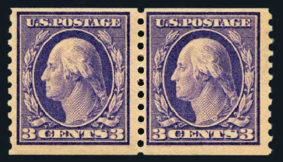 Values of US Stamp Scott Cat. 445 - 3c 1914 Washington Coil Perf 10 Vertically. Harmer-Schau Auction Galleries, Aug 2014, Sale 102, Lot 2022