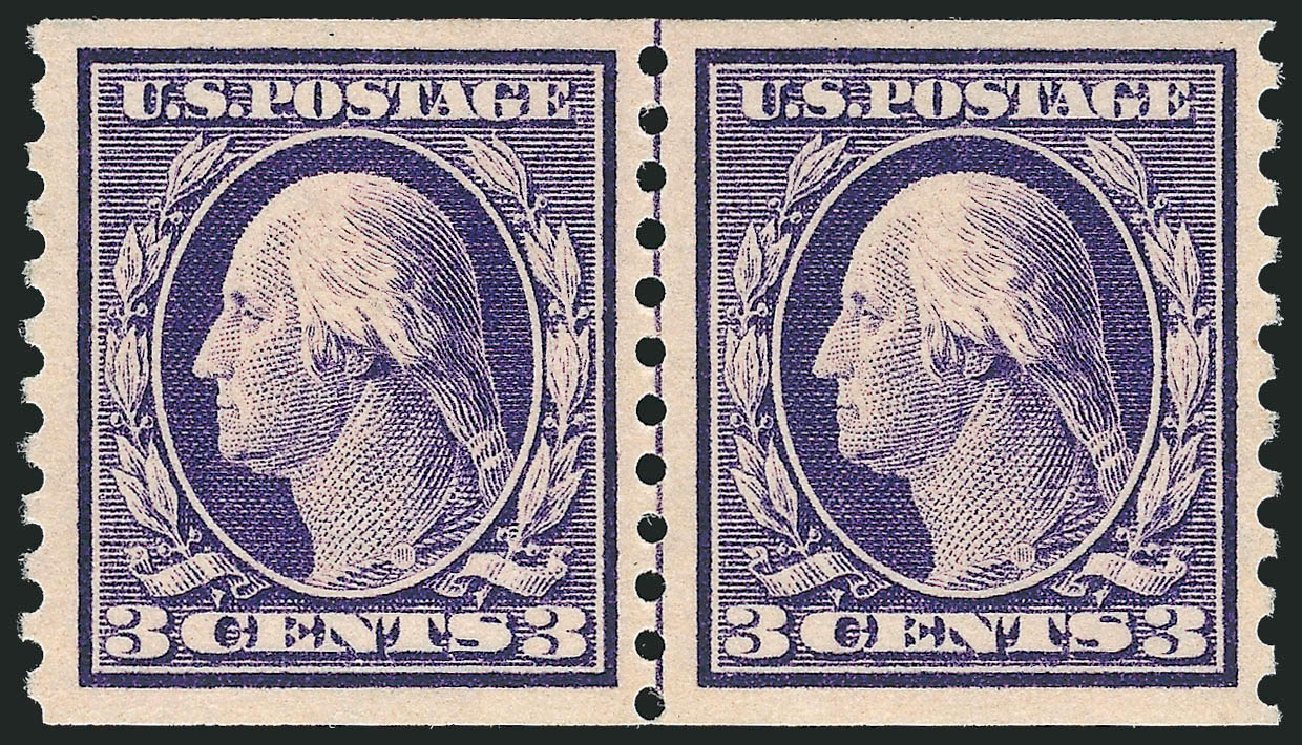 US Stamp Values Scott #445: 1914 3c Washington Coil Perf 10 Vertically. Robert Siegel Auction Galleries, Oct 2011, Sale 1013, Lot 422