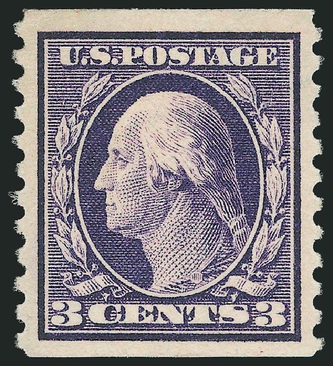 US Stamp Values Scott 445 - 1914 3c Washington Coil Perf 10 Vertically. Robert Siegel Auction Galleries, Feb 2015, Sale 1093, Lot 322