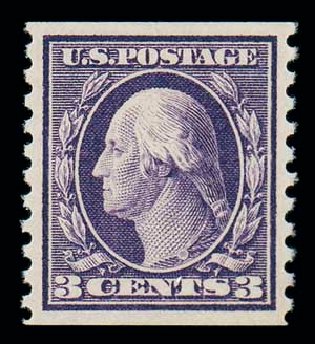 US Stamp Values Scott 445: 3c 1914 Washington Coil Perf 10 Vertically. Matthew Bennett International, Oct 2007, Sale 322, Lot 2223