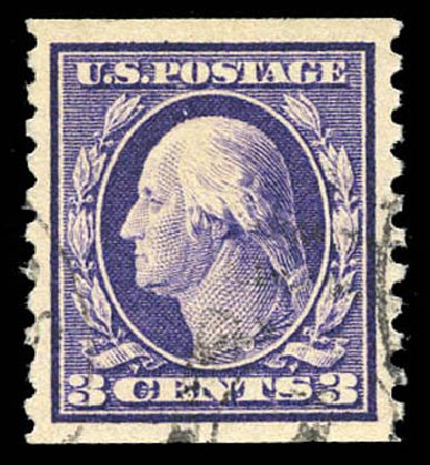 Values of US Stamp Scott #445: 3c 1914 Washington Coil Perf 10 Vertically. Matthew Bennett International, Mar 2011, Sale 337, Lot 2923