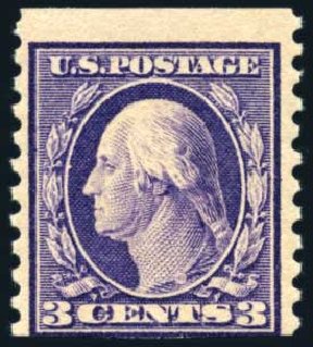 Values of US Stamp Scott Catalogue #445 - 1914 3c Washington Coil Perf 10 Vertically. Harmer-Schau Auction Galleries, Jul 2010, Sale 86, Lot 533