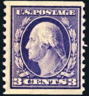 Value of US Stamp Scott 445 - 3c 1914 Washington Coil Perf 10 Vertically. Harmer-Schau Auction Galleries, Mar 2011, Sale 89, Lot 333