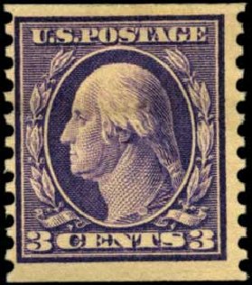 US Stamp Price Scott Cat. # 445 - 3c 1914 Washington Coil Perf 10 Vertically. Harmer-Schau Auction Galleries, Feb 2012, Sale 92, Lot 1153