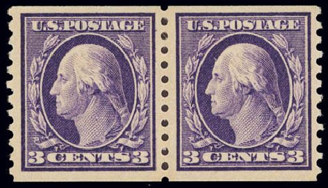 US Stamps Prices Scott # 445 - 1914 3c Washington Coil Perf 10 Vertically. Daniel Kelleher Auctions, Feb 2013, Sale 634, Lot 273