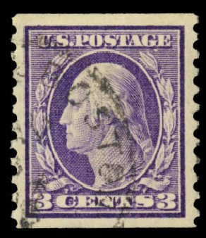 Value of US Stamps Scott Cat. 445 - 1914 3c Washington Coil Perf 10 Vertically. Daniel Kelleher Auctions, May 2014, Sale 652, Lot 646