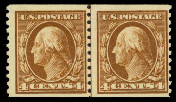 US Stamps Values Scott Cat. #446: 1915 4c Washington Coil Perf 10 Vertically. Daniel Kelleher Auctions, Sep 2014, Sale 655, Lot 497