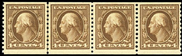 Values of US Stamp Scott Cat. #446 - 1915 4c Washington Coil Perf 10 Vertically. Matthew Bennett International, Sep 2011, Sale 338, Lot 1939