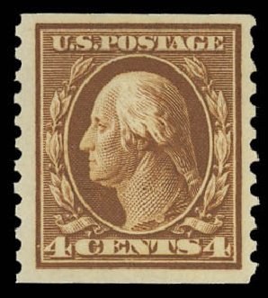 Value of US Stamp Scott Catalog # 446 - 1915 4c Washington Coil Perf 10 Vertically. Daniel Kelleher Auctions, Oct 2012, Sale 632, Lot 1359