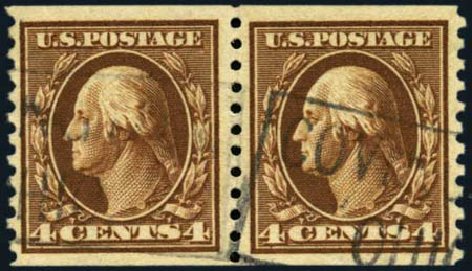 Values of US Stamps Scott Cat. #446: 4c 1915 Washington Coil Perf 10 Vertically. Harmer-Schau Auction Galleries, Jan 2013, Sale 96, Lot 570