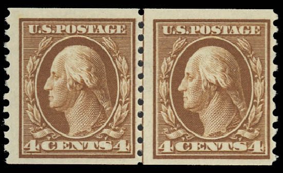 Cost of US Stamps Scott Cat. #446 - 1915 4c Washington Coil Perf 10 Vertically. Daniel Kelleher Auctions, Oct 2012, Sale 632, Lot 1360