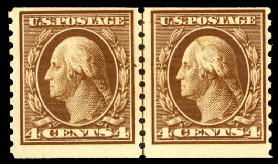 Cost of US Stamps Scott Catalogue 446: 1915 4c Washington Coil Perf 10 Vertically. Daniel Kelleher Auctions, Dec 2012, Sale 633, Lot 791