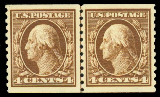 US Stamps Prices Scott Catalog #446 - 4c 1915 Washington Coil Perf 10 Vertically. Daniel Kelleher Auctions, May 2014, Sale 652, Lot 651