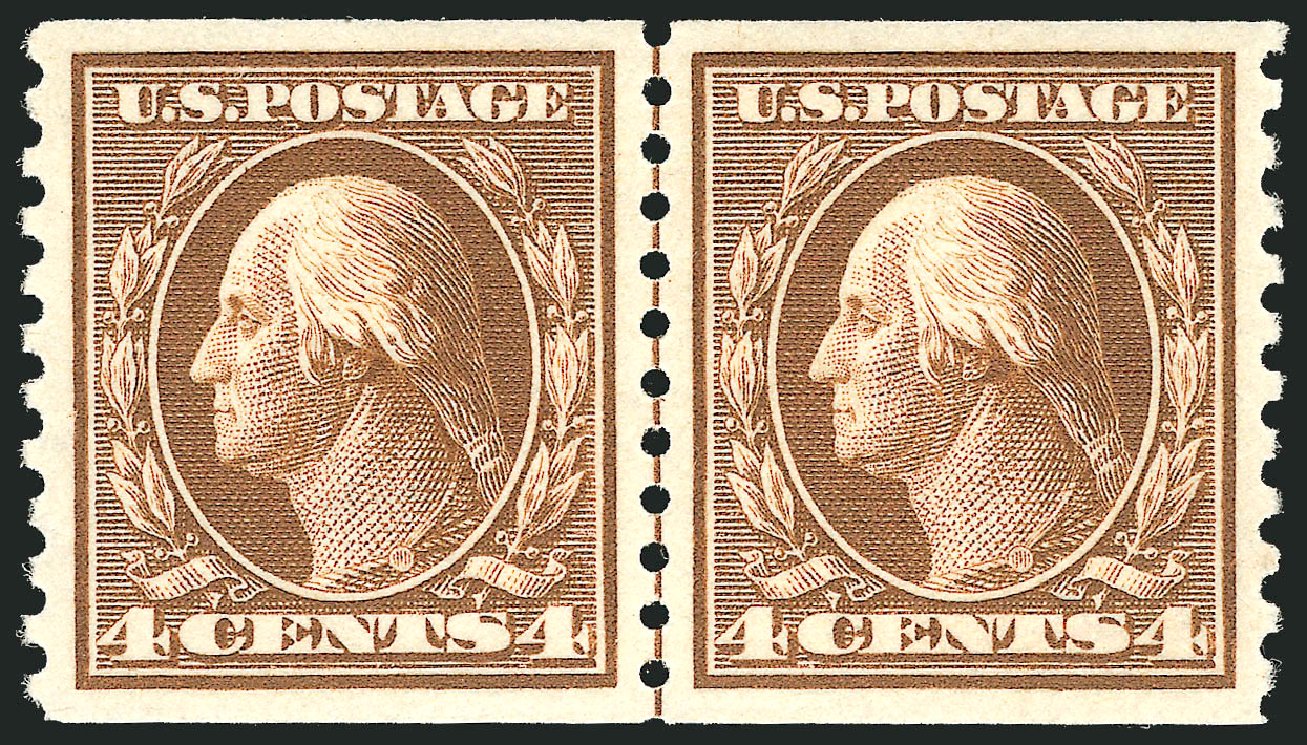 US Stamp Values Scott Catalogue 446 - 1915 4c Washington Coil Perf 10 Vertically. Robert Siegel Auction Galleries, Dec 2013, Sale 1062, Lot 631