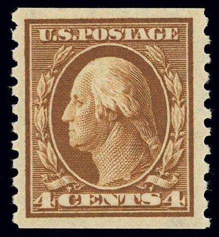Value of US Stamp Scott Catalog # 446 - 4c 1915 Washington Coil Perf 10 Vertically. Daniel Kelleher Auctions, Feb 2013, Sale 634, Lot 274