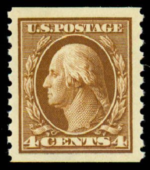 Prices of US Stamp Scott Catalogue 446 - 4c 1915 Washington Coil Perf 10 Vertically. Daniel Kelleher Auctions, Sep 2013, Sale 639, Lot 3564