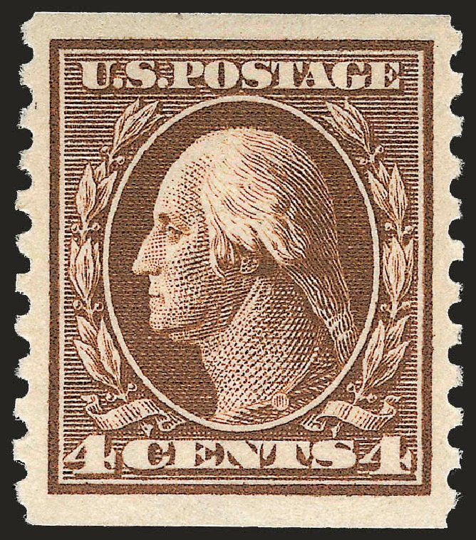 US Stamp Values Scott Catalog # 446 - 1915 4c Washington Coil Perf 10 Vertically. Robert Siegel Auction Galleries, Sep 2009, Sale 968B, Lot 574