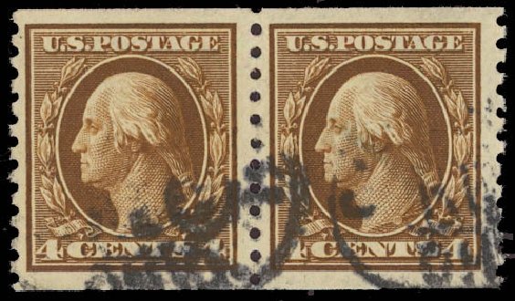 US Stamp Value Scott Catalogue 446 - 1915 4c Washington Coil Perf 10 Vertically. Daniel Kelleher Auctions, Aug 2012, Sale 631, Lot 1215